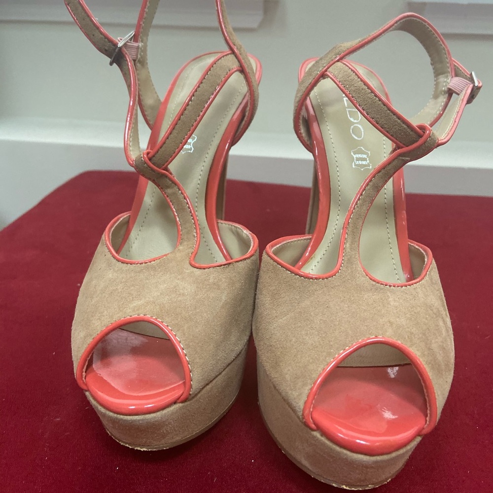 Aldo Tan with coral platform heels. Size 8.
